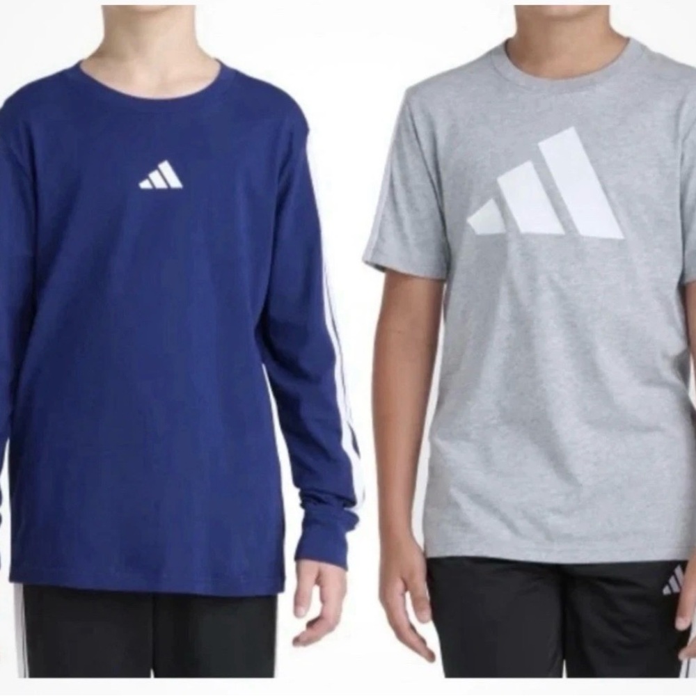 NWT Adidas Cotton 2-pack Long Sleeve -Navy & Short Sleeve-Gray Tee, Youth 14/16